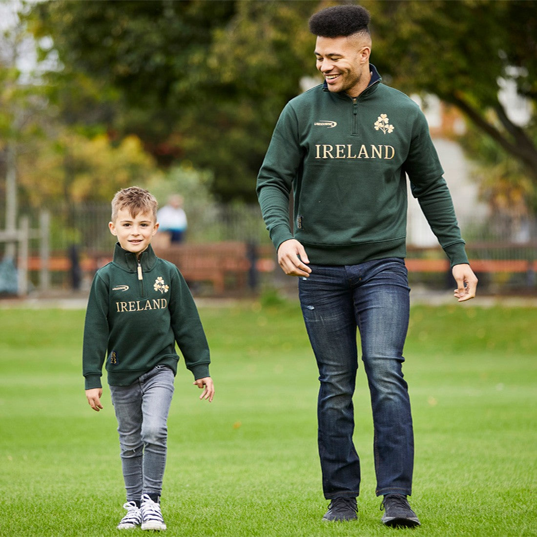 Ireland Gold Shamrock Kids 1/4 Zip Top in Bottle Green