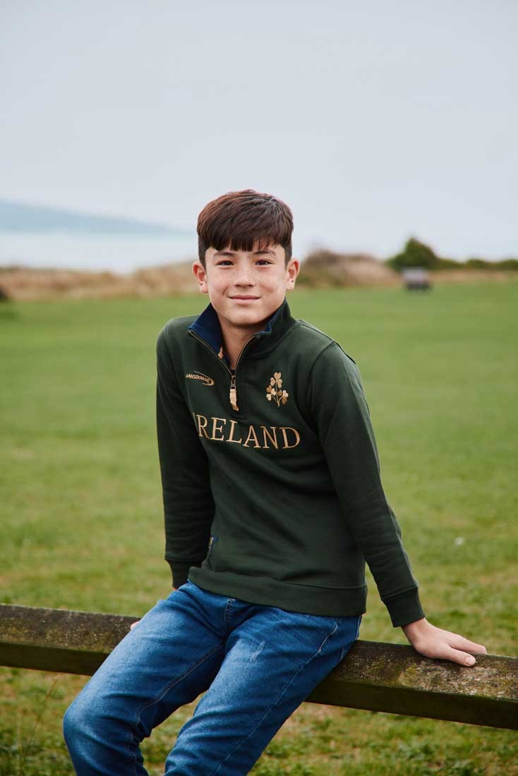 Ireland Gold Shamrock Kids 1/4 Zip Top in Bottle Green