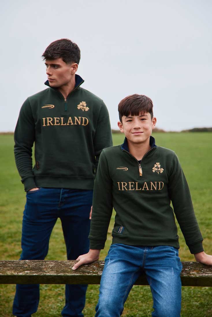Ireland Gold Shamrock Kids 1/4 Zip Top in Bottle Green