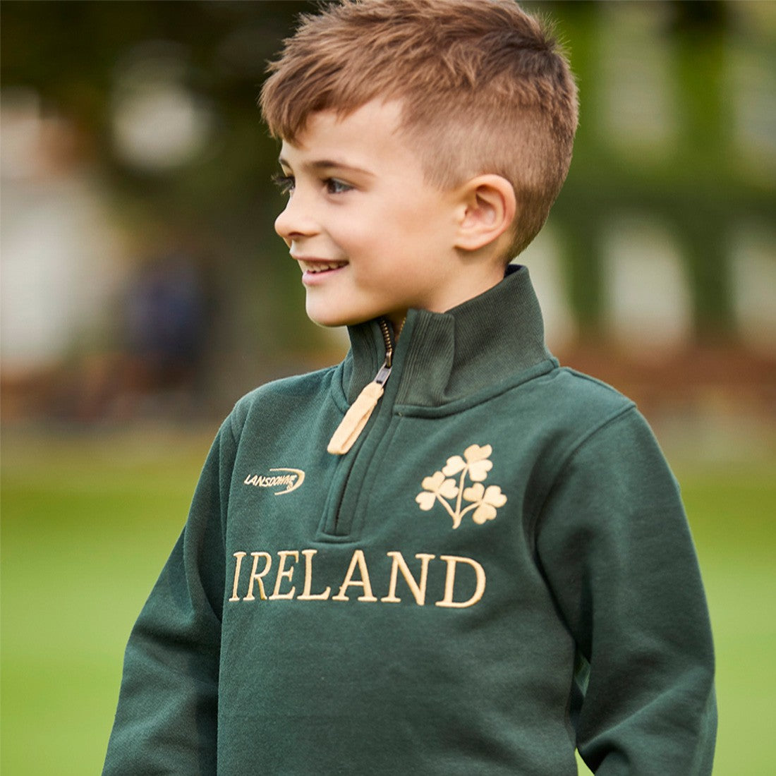Ireland Gold Shamrock Kids 1/4 Zip Top in Bottle Green