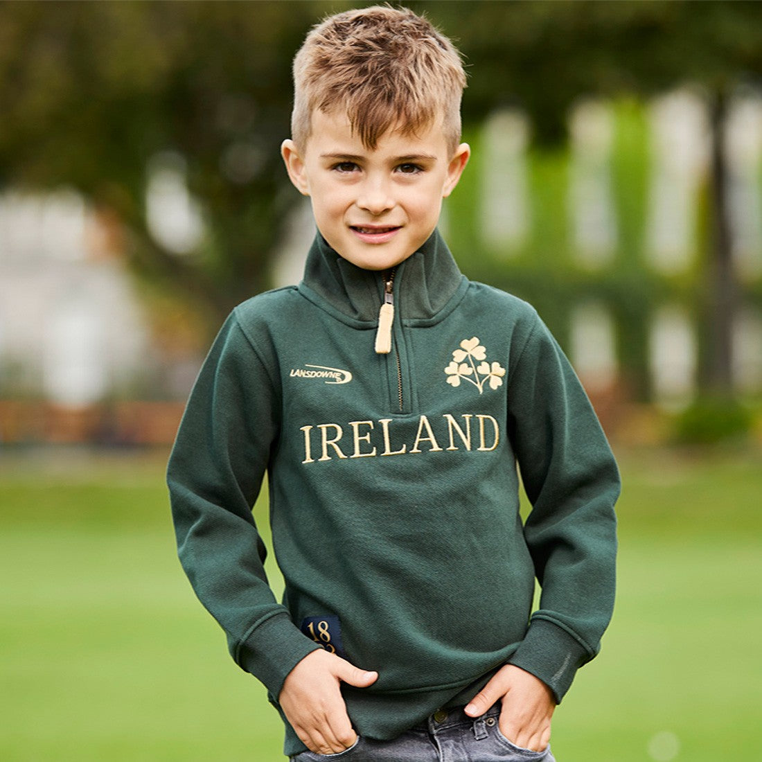 Ireland Gold Shamrock Kids 1/4 Zip Top in Bottle Green