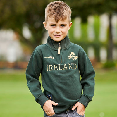 Ireland Gold Shamrock Kids 1/4 Zip Top in Bottle Green