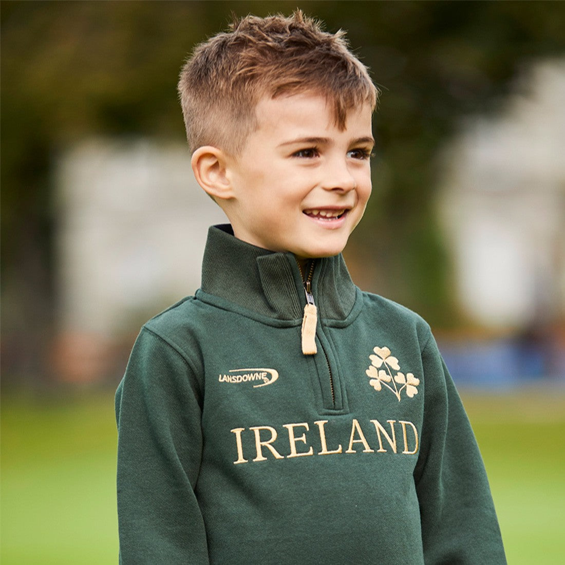 Ireland Gold Shamrock Kids 1/4 Zip Top in Bottle Green