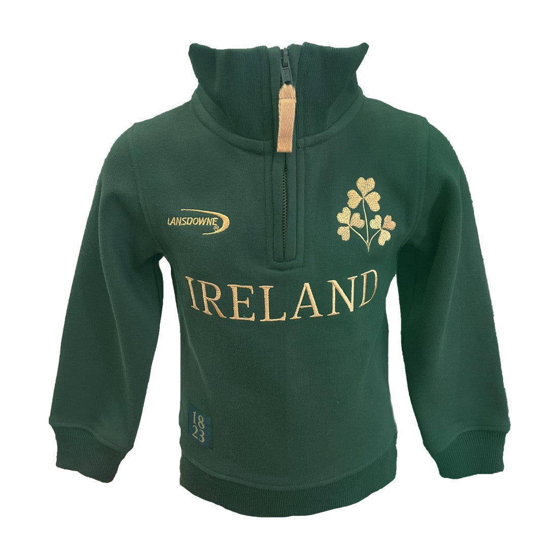 Ireland Gold Shamrock Kids 1/4 Zip Top in Bottle Green