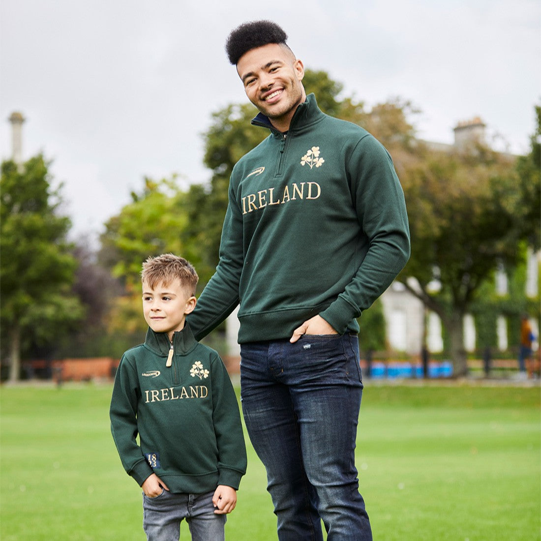 Ireland Gold Shamrock Kids 1/4 Zip Top in Bottle Green