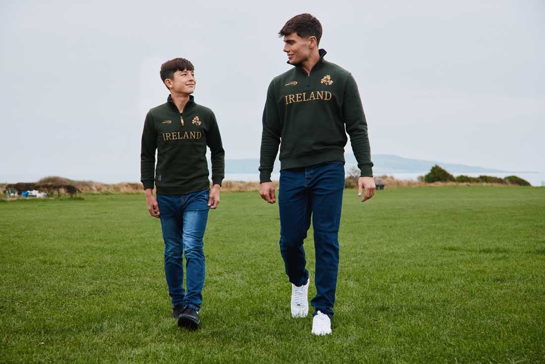 Ireland Gold Shamrock Kids 1/4 Zip Top in Bottle Green