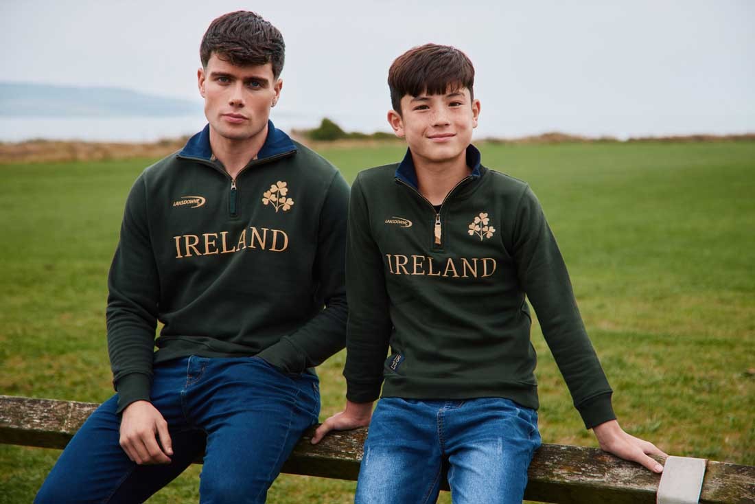 Ireland Gold Shamrock Kids 1/4 Zip Top in Bottle Green