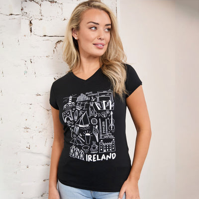Ireland ‘Ireland Doodle’ Ladies V-Neck T-Shirt in Black
