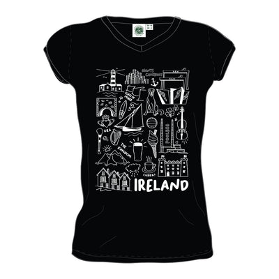 Ireland ‘Ireland Doodle’ Ladies V-Neck T-Shirt in Black