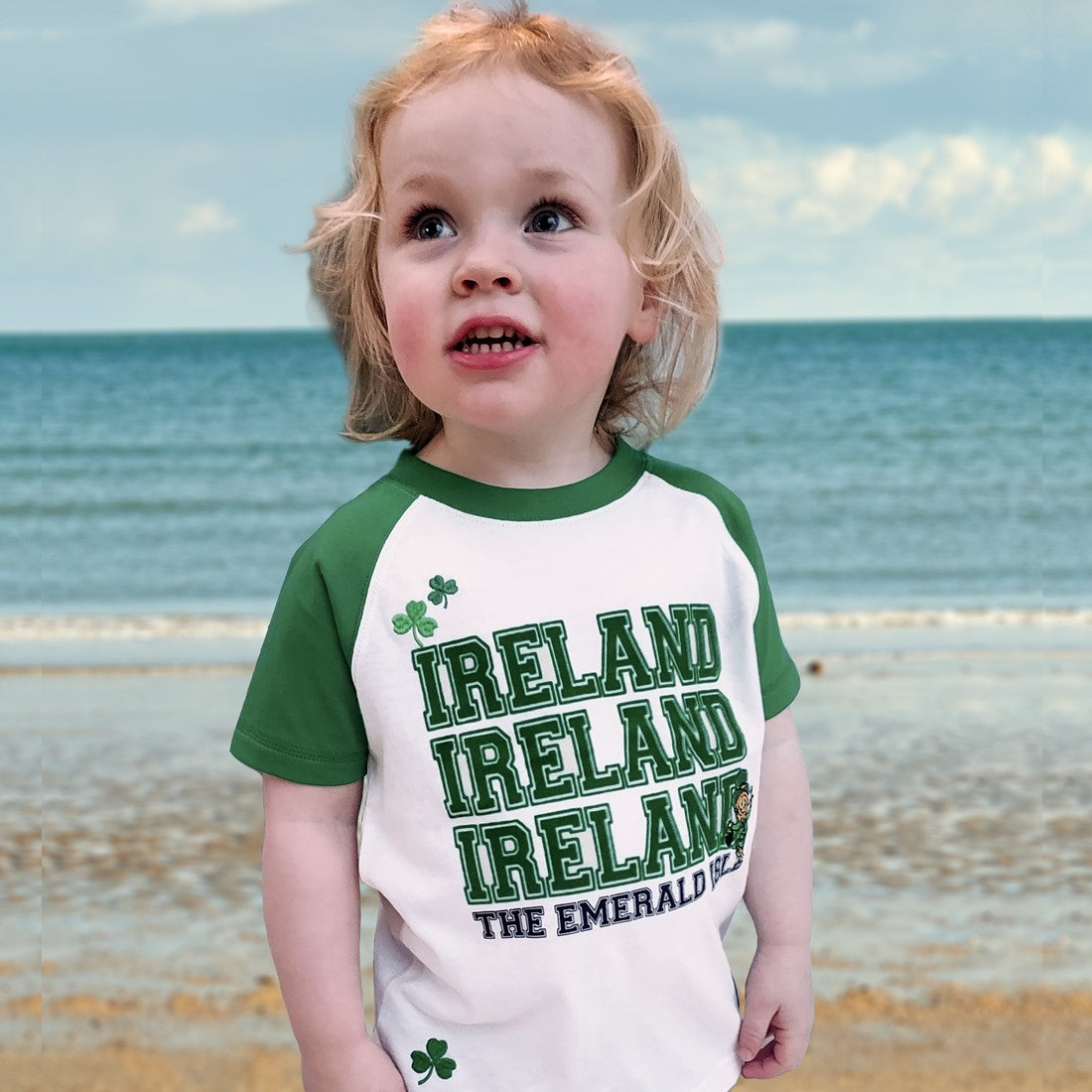 Ireland Kids Raglan T-shirt in White & Emerald