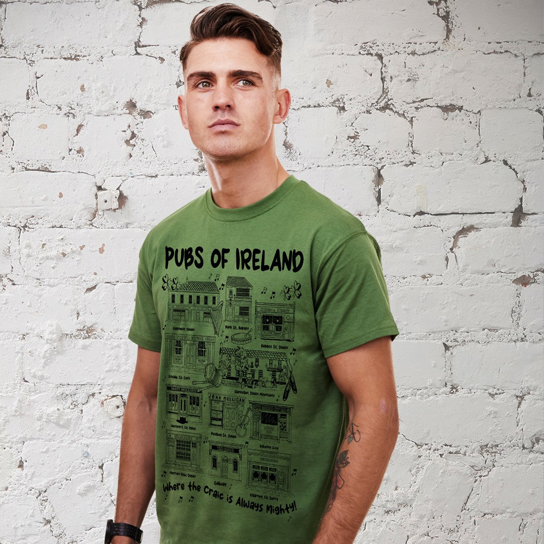 Ireland ‘Pubs of Ireland’ Mens T-Shirt in Sage