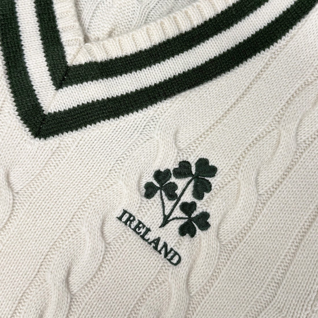 Ireland Shamrock Crest Cable Knit V-Neck Jumper in Cream & Bottle Green