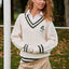 Ireland Shamrock Crest Cable Knit V-Neck Jumper in Cream & Bottle Green