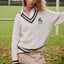 Ireland Shamrock Crest Cable Knit V-Neck Jumper in Cream & Bottle Green