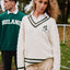 Ireland Shamrock Crest Cable Knit V-Neck Jumper in Cream & Bottle Green