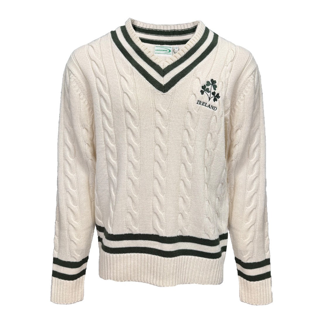 Ireland Shamrock Crest Cable Knit V-Neck Jumper in Cream & Bottle Green