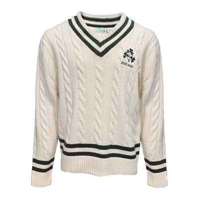 Ireland Shamrock Crest Cable Knit V-Neck Jumper in Cream & Bottle Green