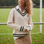 Ireland Shamrock Crest Cable Knit V-Neck Jumper in Cream & Bottle Green