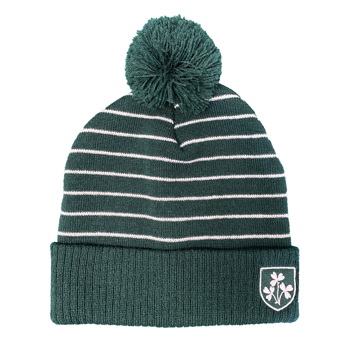 Ireland Shamrock Crest Stripe Bobble Hat in Bottle Green & Cream