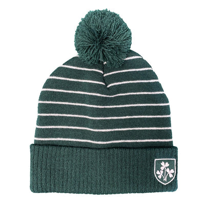 Ireland Shamrock Crest Stripe Bobble Hat in Bottle Green & Cream