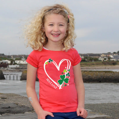 Ireland Shamrock Heart Kids T-Shirt in Pink