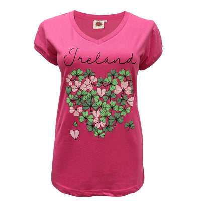 Ireland Shamrock Heart Ladies T-Shirt in Cerise