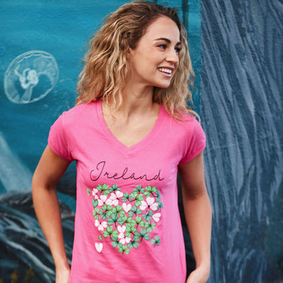 Ireland Shamrock Heart Ladies T-Shirt in Cerise