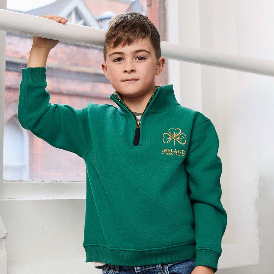 Ireland Shamrock Kids 1/4 Zip Sweatshirt in Azure Green