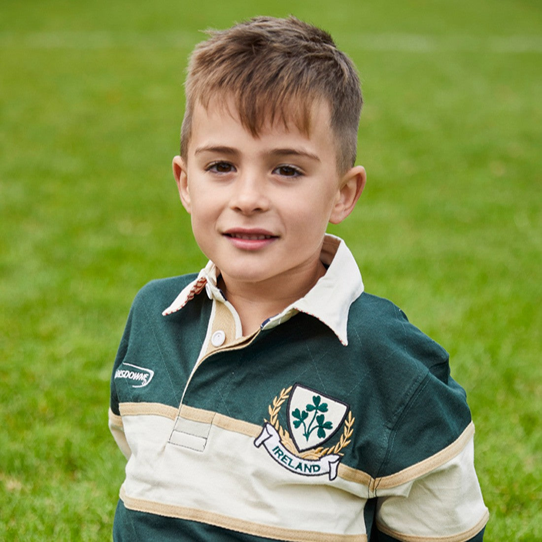 Ireland Shamrock Long Sleeve Kids Rugby Shirt in Bottle Green & Natural
