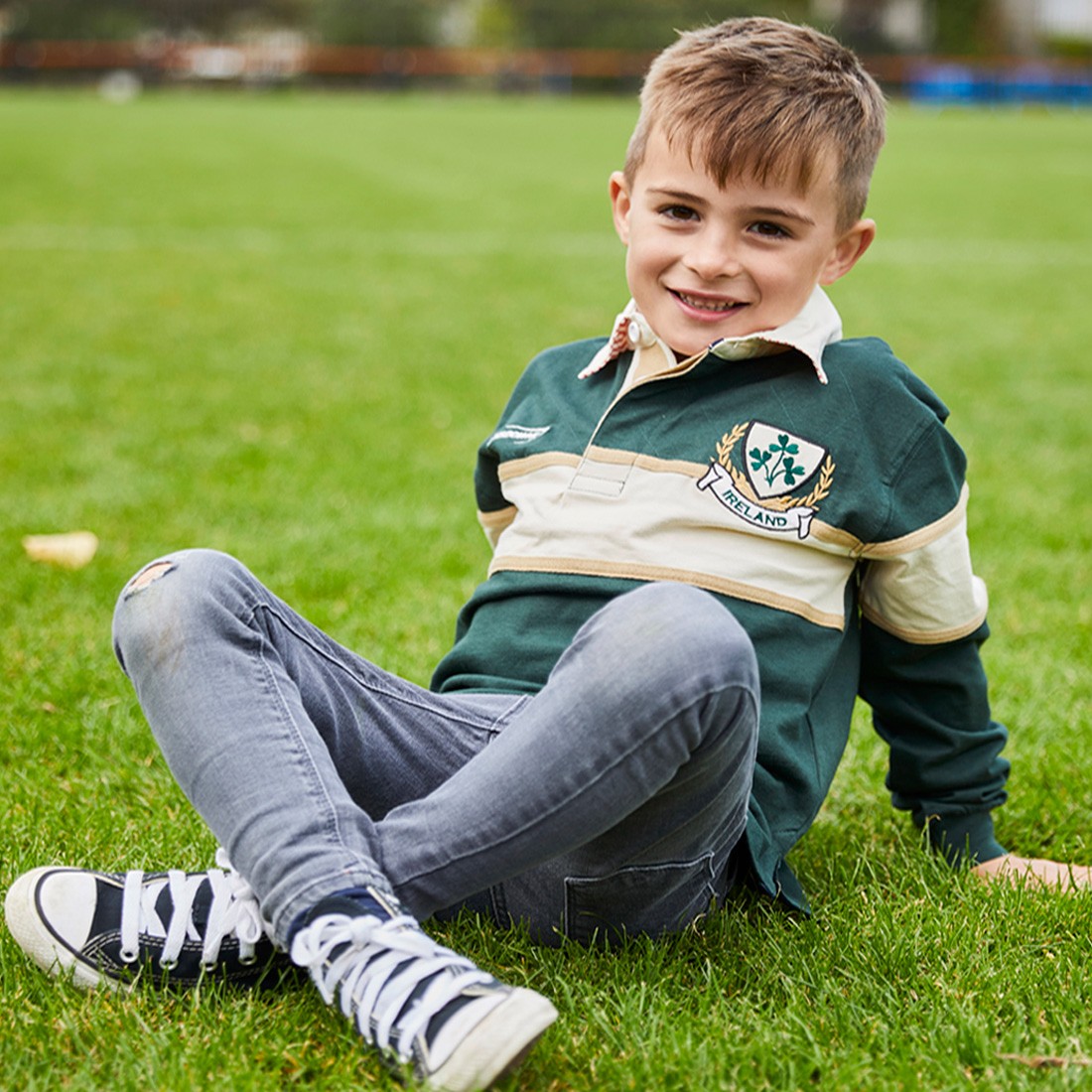 Ireland Shamrock Long Sleeve Kids Rugby Shirt in Bottle Green & Natural