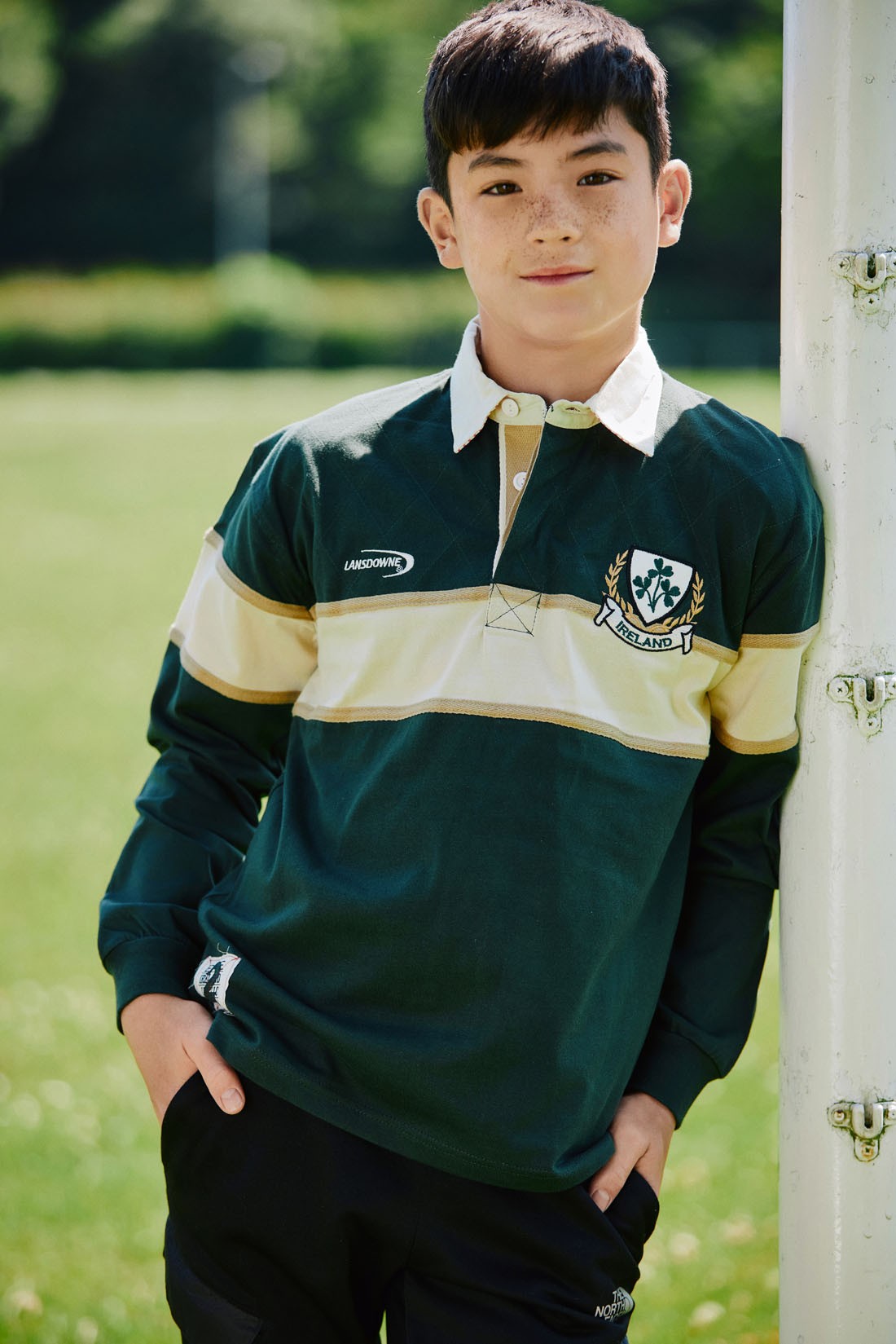 Ireland Shamrock Long Sleeve Kids Rugby Shirt in Bottle Green & Natural