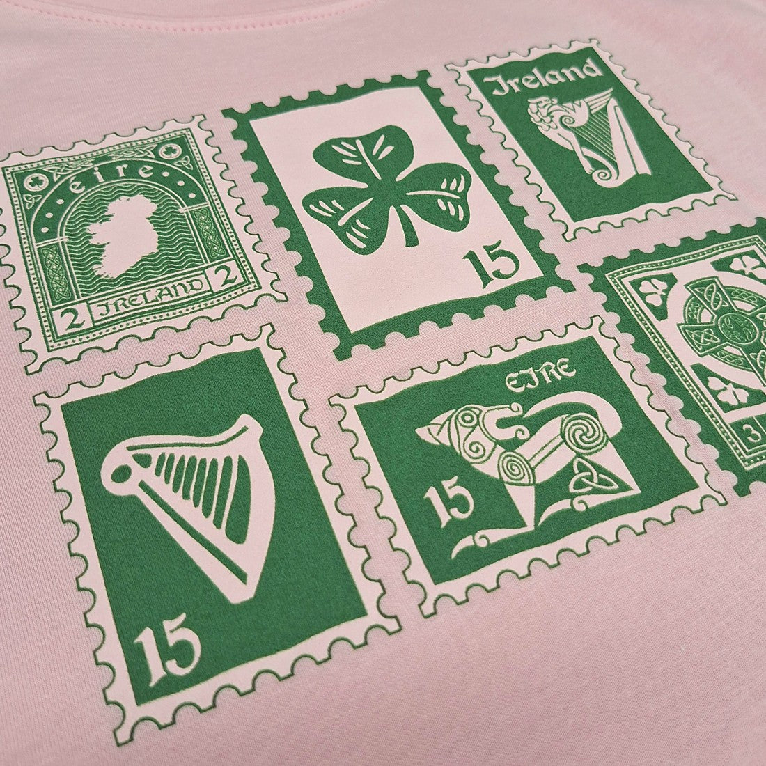 Ireland Stamps Ladies T-Shirt in Soft Pink