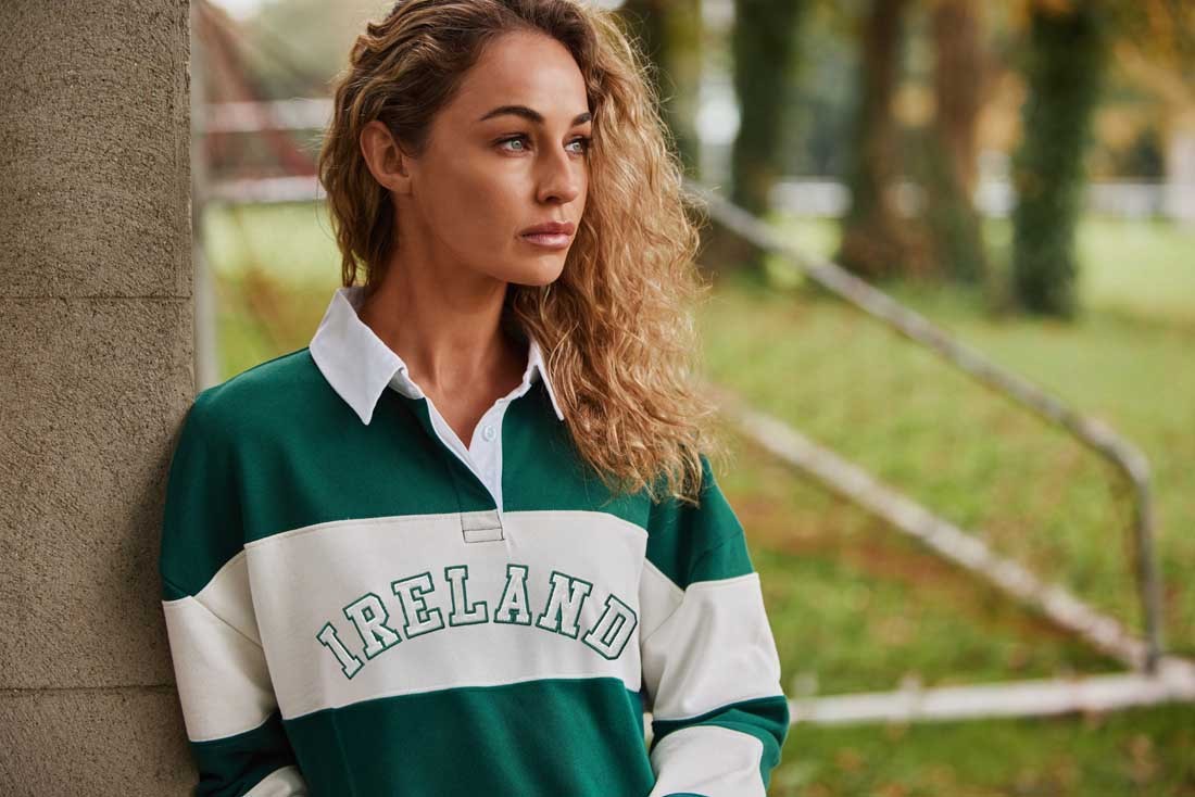 Ireland Stripe Long Sleeve Rugby Shirt in Evergreen & Cream