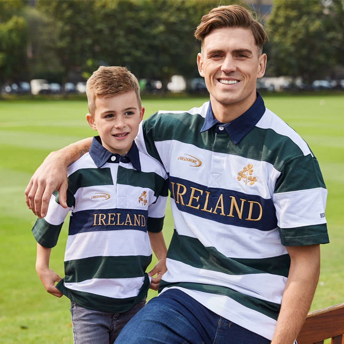 Ireland Stripe Short Sleeve Kids Rugby Shirt in Bottle Green, White & Gold