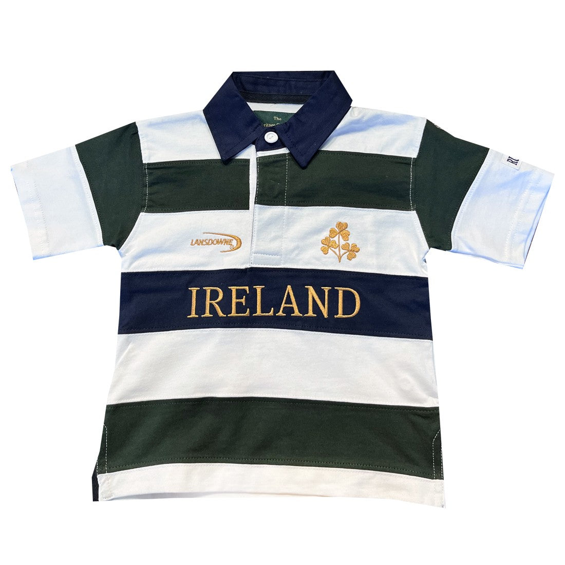 Ireland Stripe Short Sleeve Kids Rugby Shirt in Bottle Green, White & Gold