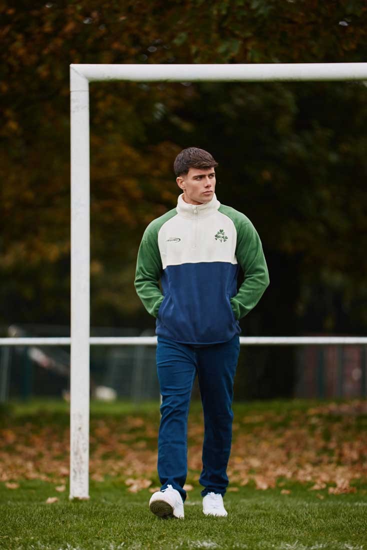 Ireland Three Shamrocks Coral Fleece 1/4 Zip Top in Bottle Green, Cream & Navy