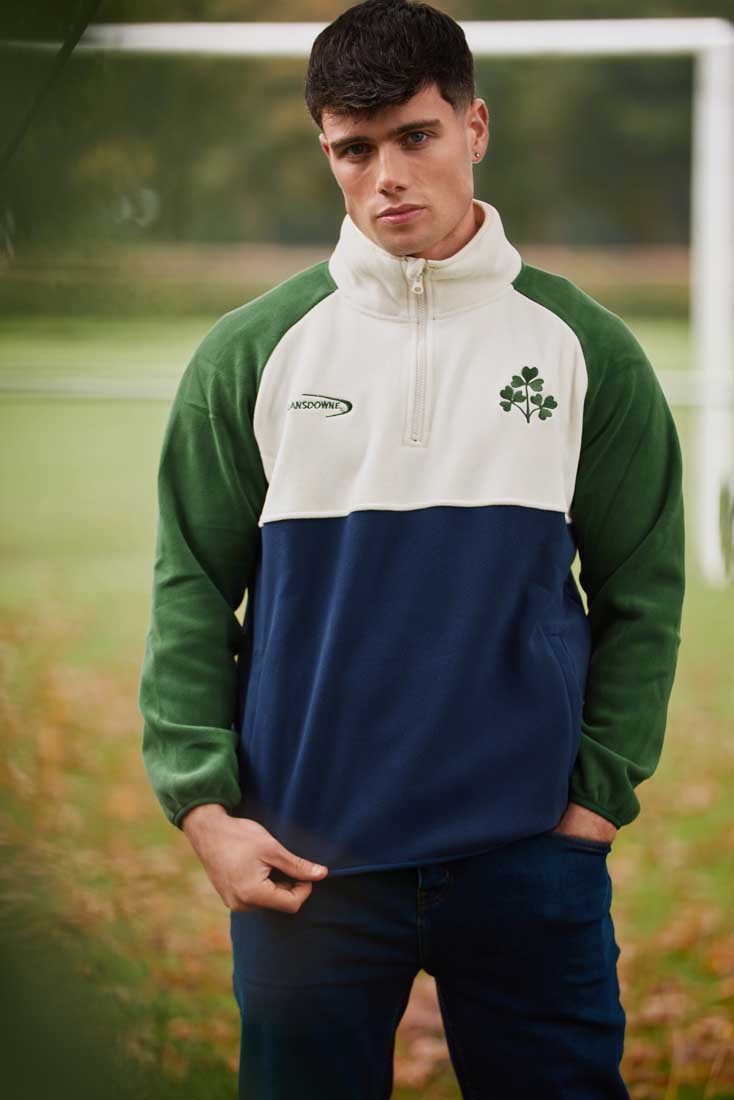 Ireland Three Shamrocks Coral Fleece 1/4 Zip Top in Bottle Green, Cream & Navy