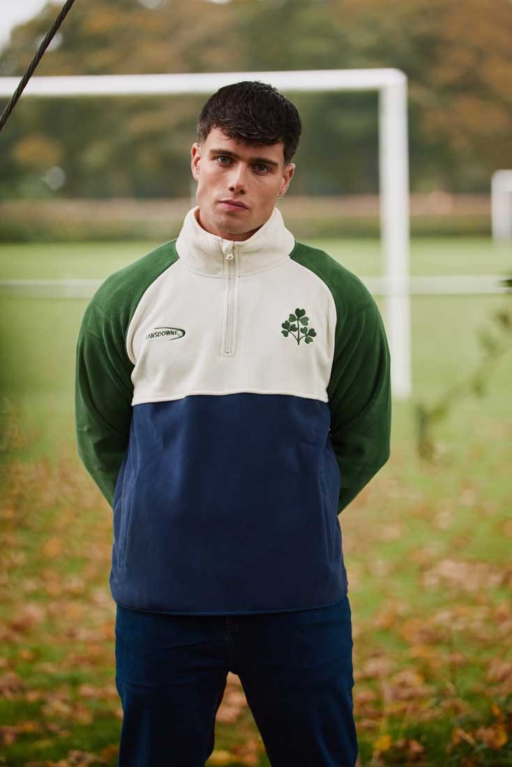Ireland Three Shamrocks Coral Fleece 1/4 Zip Top in Bottle Green, Cream & Navy