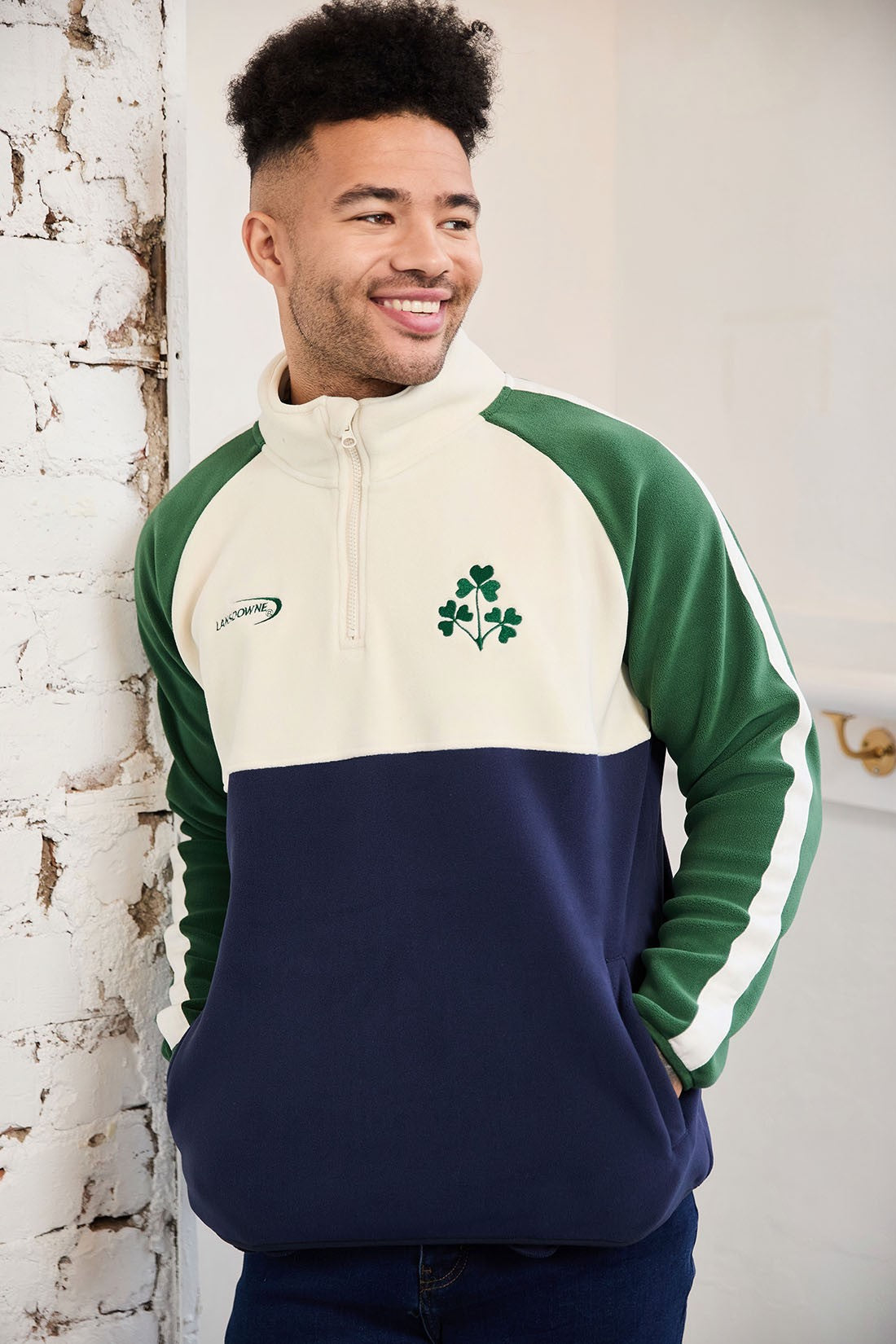 Ireland Three Shamrocks Coral Fleece 1/4 Zip Top in Bottle Green, Cream & Navy