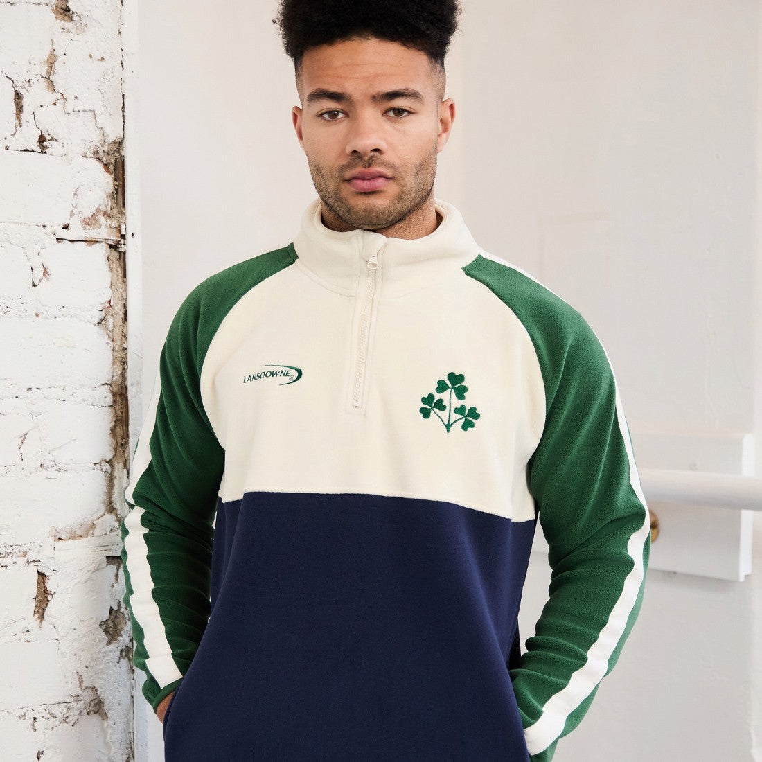 Ireland Three Shamrocks Coral Fleece 1/4 Zip Top in Bottle Green, Cream & Navy