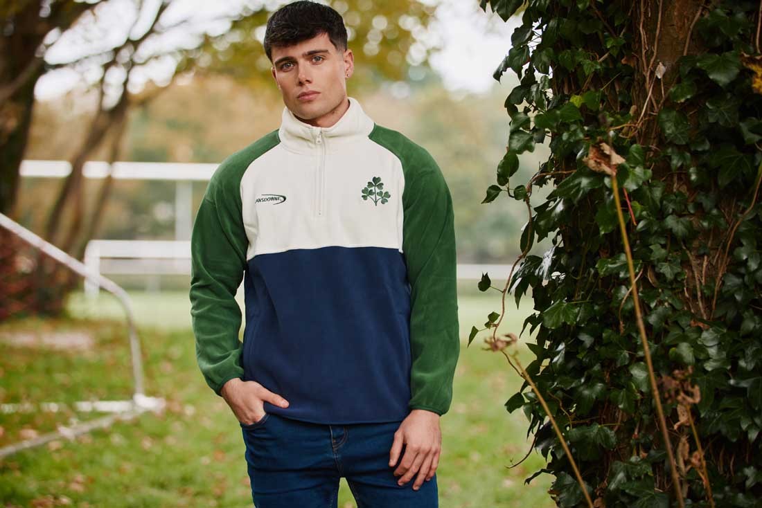 Ireland Three Shamrocks Coral Fleece 1/4 Zip Top in Bottle Green, Cream & Navy