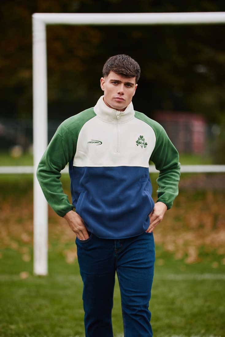 Ireland Three Shamrocks Coral Fleece 1/4 Zip Top in Bottle Green, Cream & Navy