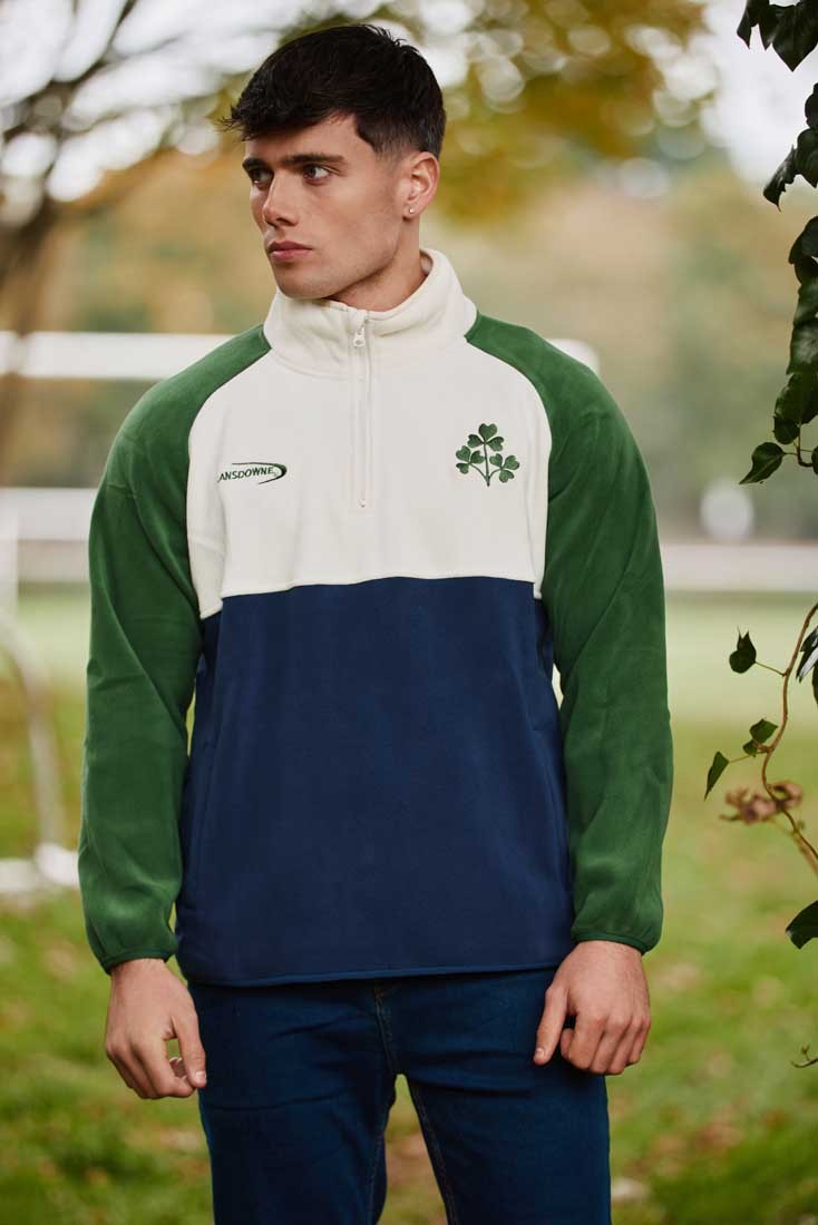 Ireland Three Shamrocks Coral Fleece 1/4 Zip Top in Bottle Green, Cream & Navy