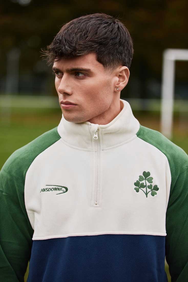 Ireland Three Shamrocks Coral Fleece 1/4 Zip Top in Bottle Green, Cream & Navy