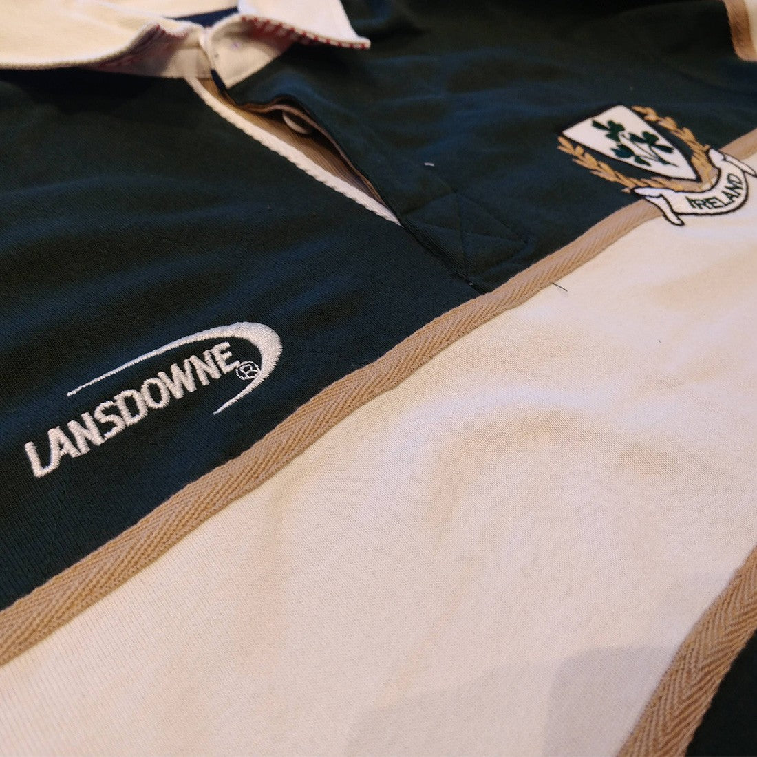 Ireland Three Shamrocks Long Sleeve Rugby Shirt in Bottle Green & Natural