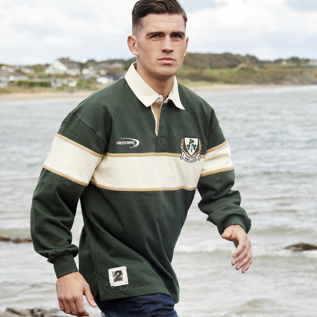 Ireland Three Shamrocks Long Sleeve Rugby Shirt in Bottle Green & Natural