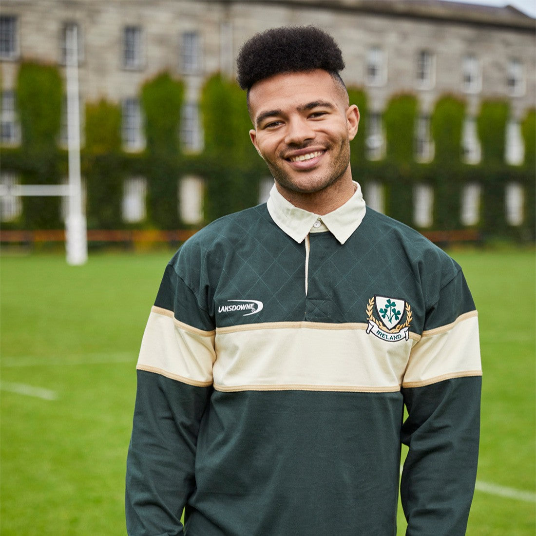 Ireland Three Shamrocks Long Sleeve Rugby Shirt in Bottle Green & Natural