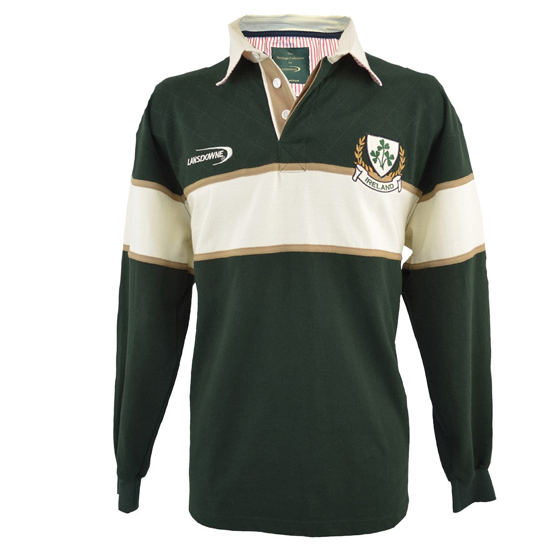 Ireland Three Shamrocks Long Sleeve Rugby Shirt in Bottle Green & Natural