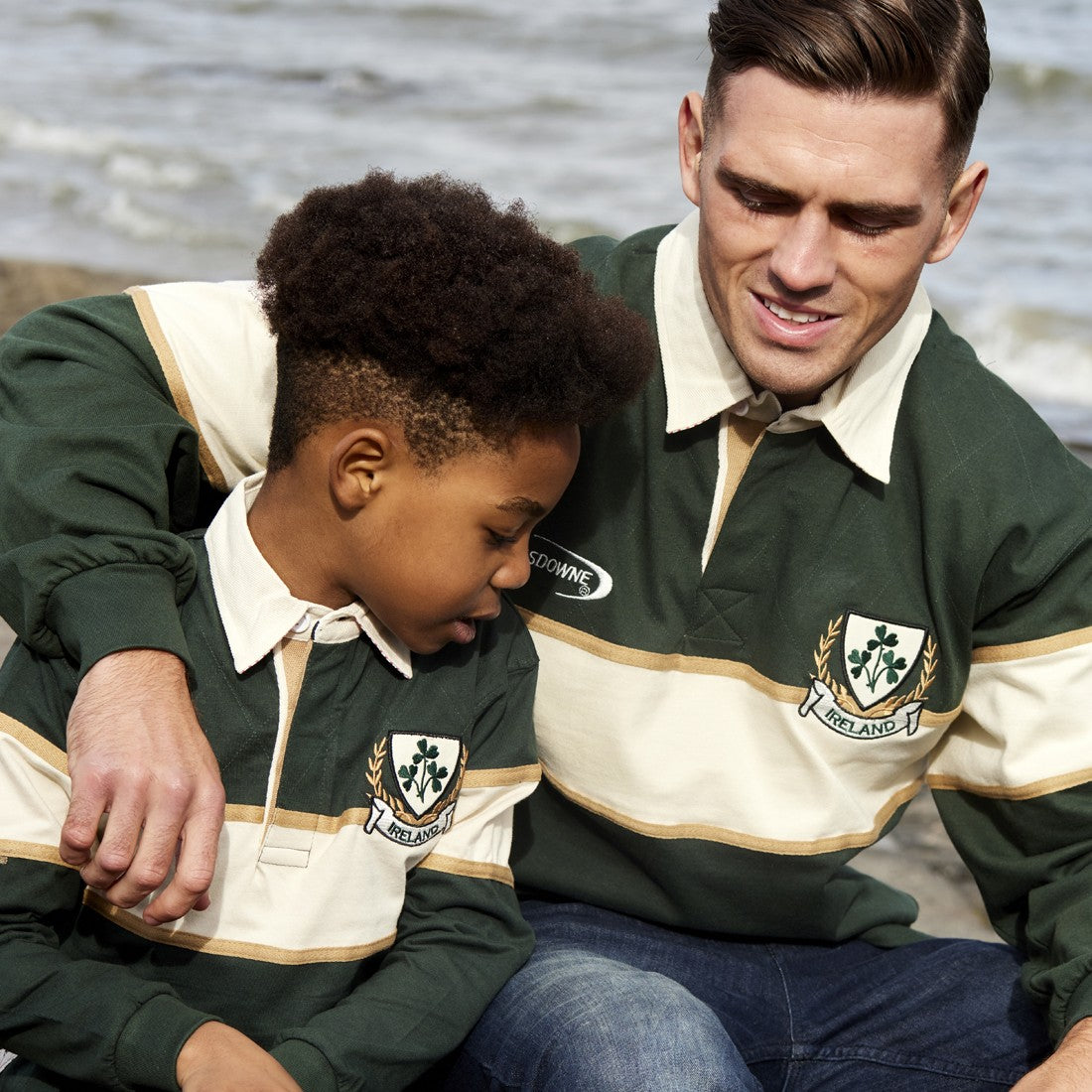 Ireland Three Shamrocks Long Sleeve Rugby Shirt in Bottle Green & Natural