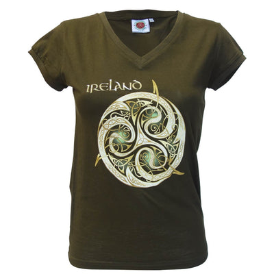 Khaki Celtic Knot V-neck Ladies T-shirt